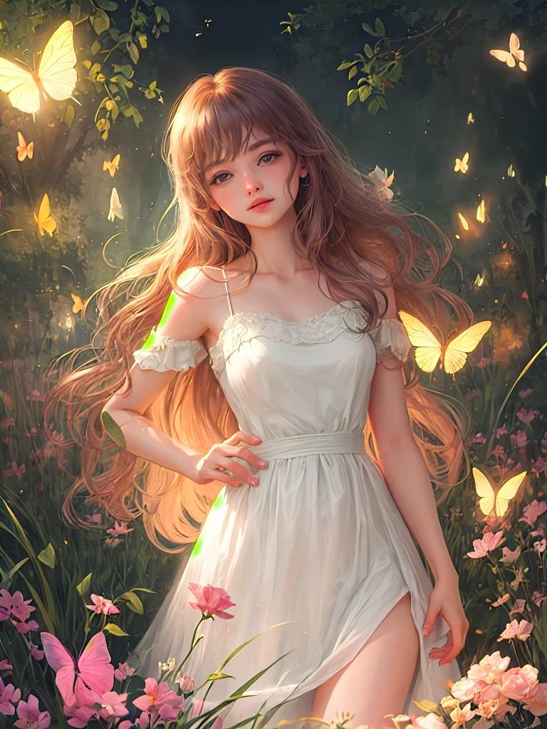 1girl, solo, full body, (masterpiece:1.21), (best quality:1.2), colorful, (illustration:1.2), (cinematic lighting:1.1), (bare shoulders:1.21), (collarbone:1.21)
In this whimsical and fantastical garden, the scene is illuminated by a rainbow of (colorful fireflies), dancing and fluttering in the air. The garden is decorated by a gentle (drizzle), creating a misty and ethereal atmosphere. In the center of the scene, there is a single bunny girl, an extremely delicate and beautiful girl, with cute features and an innocent expression. Her long hair is flowing with the wind. She is wearing no shoulder straps dress, which is ultra low cut, highlighting her delicate curves.

The lighting is very delicate and beautiful, creating a soft and warm glow that highlights the water, making it sparkle like diamonds. The finest grass is also illuminated, creating a lush and verdant carpet. The garden is surrounded by colorful flower fields, with blooms of every color and shape. (Colorful butterflies), of every shade and size, can be seen fluttering around the scene, adding to the overall sense of wonder and magic. (look ai viewer),A blush can be seen on her nose, and her mouth is slightly open, adding to the overall sense of innocence and youthfulness. Falling petals can be seen floating around her, adding to the overall sense of romance and beauty. A gentle wind is blowing through the scene, making the leaves rustle and the flowers sway, adding to the overall sense of movement and life. This is a scene of pure wonder and magic, filled with color and beauty, where the viewer can lose themselves in the enchanting and captivating world.