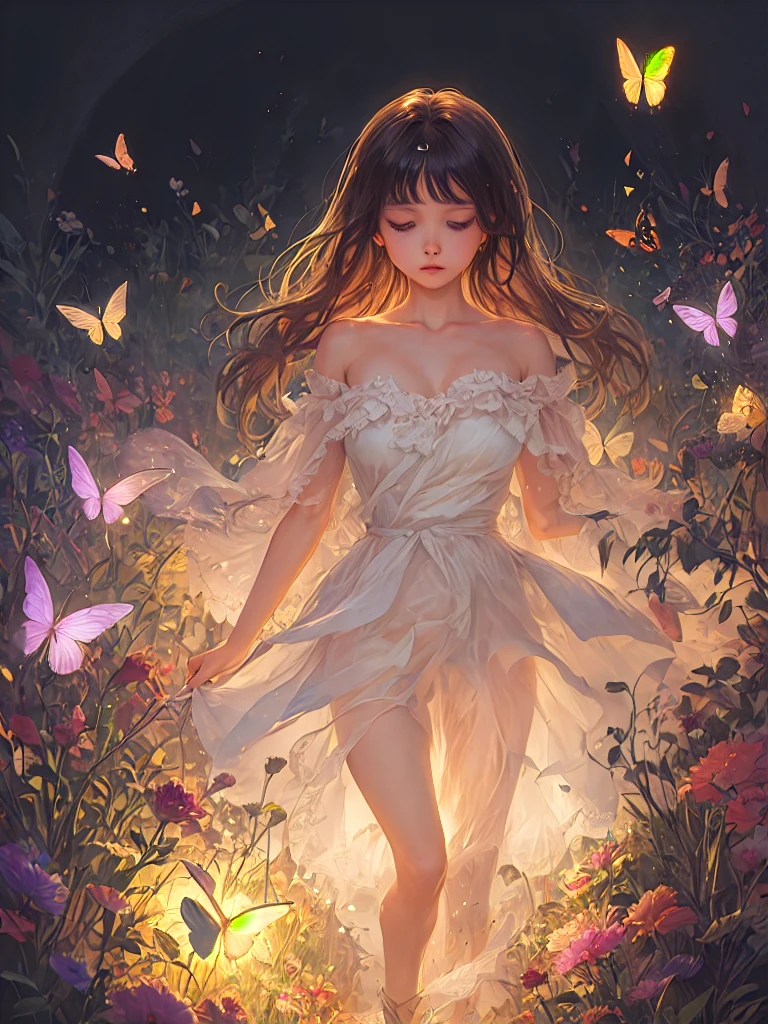 1girl, solo, full body, (masterpiece:1.21), (best quality:1.2), colorful, (illustration:1.2), (cinematic lighting:1.1), (bare shoulders:1.21), (collarbone:1.21)
In this whimsical and fantastical garden, the scene is illuminated by a rainbow of (colorful fireflies), dancing and fluttering in the air. The garden is decorated by a gentle (drizzle), creating a misty and ethereal atmosphere. In the center of the scene, there is a single bunny girl, an extremely delicate and beautiful girl, with cute features and an innocent expression. Her long hair is flowing with the wind. She is wearing no shoulder straps dress, which is ultra low cut, highlighting her delicate curves.

The lighting is very delicate and beautiful, creating a soft and warm glow that highlights the water, making it sparkle like diamonds. The finest grass is also illuminated, creating a lush and verdant carpet. The garden is surrounded by colorful flower fields, with blooms of every color and shape. (Colorful butterflies), of every shade and size, can be seen fluttering around the scene, adding to the overall sense of wonder and magic. (look ai viewer),A blush can be seen on her nose, and her mouth is slightly open, adding to the overall sense of innocence and youthfulness. Falling petals can be seen floating around her, adding to the overall sense of romance and beauty. A gentle wind is blowing through the scene, making the leaves rustle and the flowers sway, adding to the overall sense of movement and life. This is a scene of pure wonder and magic, filled with color and beauty, where the viewer can lose themselves in the enchanting and captivating world.