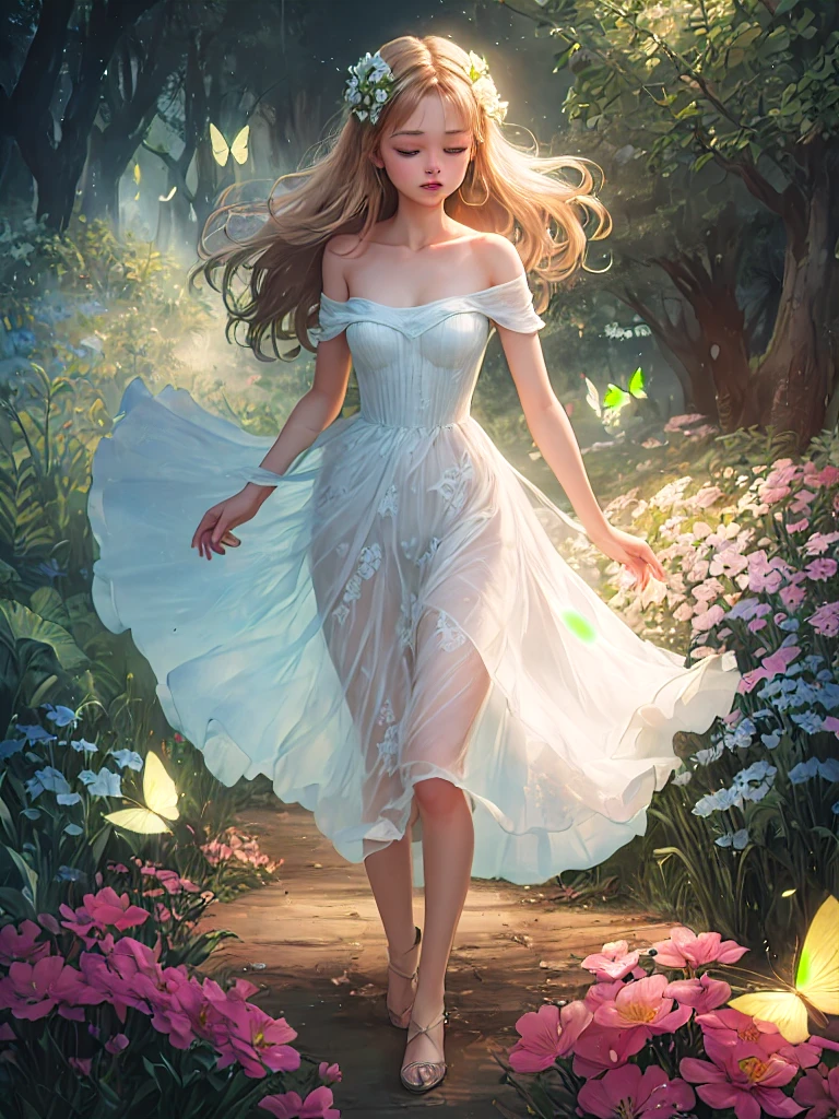 1girl, solo, full body, (masterpiece:1.21), (best quality:1.2), colorful, (illustration:1.2), (cinematic lighting:1.1), (bare shoulders:1.21), (collarbone:1.21)
In this whimsical and fantastical garden, the scene is illuminated by a rainbow of (colorful fireflies), dancing and fluttering in the air. The garden is decorated by a gentle (drizzle), creating a misty and ethereal atmosphere. In the center of the scene, there is a single bunny girl, an extremely delicate and beautiful girl, with cute features and an innocent expression. Her long hair is flowing with the wind. She is wearing no shoulder straps dress, which is ultra low cut, highlighting her delicate curves.
The lighting is very delicate and beautiful, creating a soft and warm glow that highlights the water, making it sparkle like diamonds. The finest grass is also illuminated, creating a lush and verdant carpet. The garden is surrounded by colorful flower fields, with blooms of every color and shape. (Colorful butterflies), of every shade and size, can be seen fluttering around the scene, adding to the overall sense of wonder and magic. (look ai viewer),A blush can be seen on her nose, and her mouth is slightly open, adding to the overall sense of innocence and youthfulness. Falling petals can be seen floating around her, adding to the overall sense of romance and beauty. A gentle wind is blowing through the scene, making the leaves rustle and the flowers sway, adding to the overall sense of movement and life. This is a scene of pure wonder and magic, filled with color and beauty, where the viewer can lose themselves in the enchanting and captivating world.
