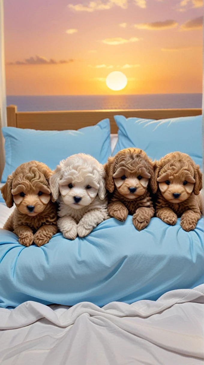 With the sunset in the background,(masterpiece:1.2, high quality), Five toy poodle puppies sleeping snuggled up together in bed、