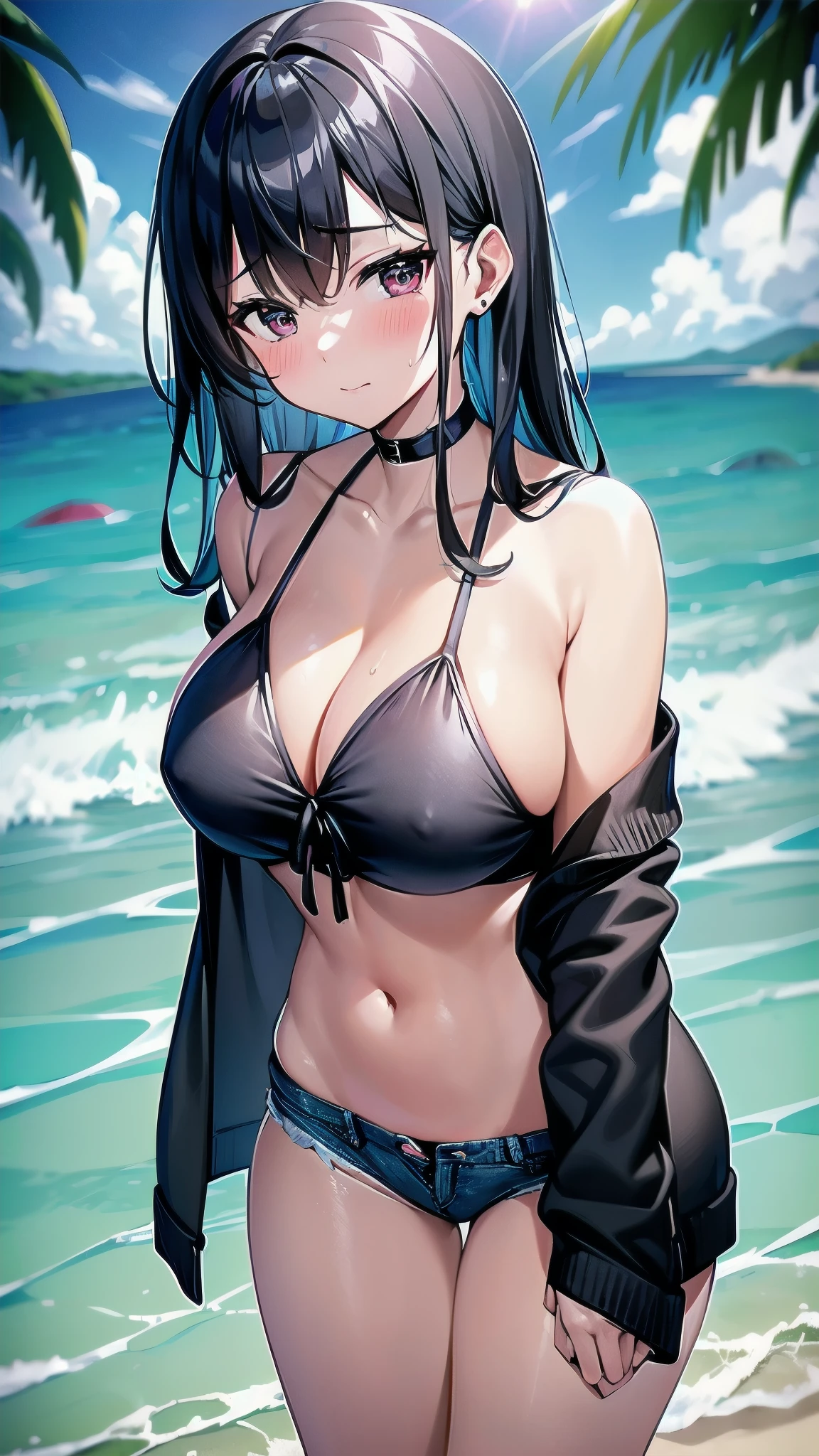 Shy woman blushing、She wears a black bikini with a black ribbon over her breast.、She is wearing a see-through cardigan、She is wearing navy blue denim hot pants、This is a beach on a southern island.、There are mob girls around、