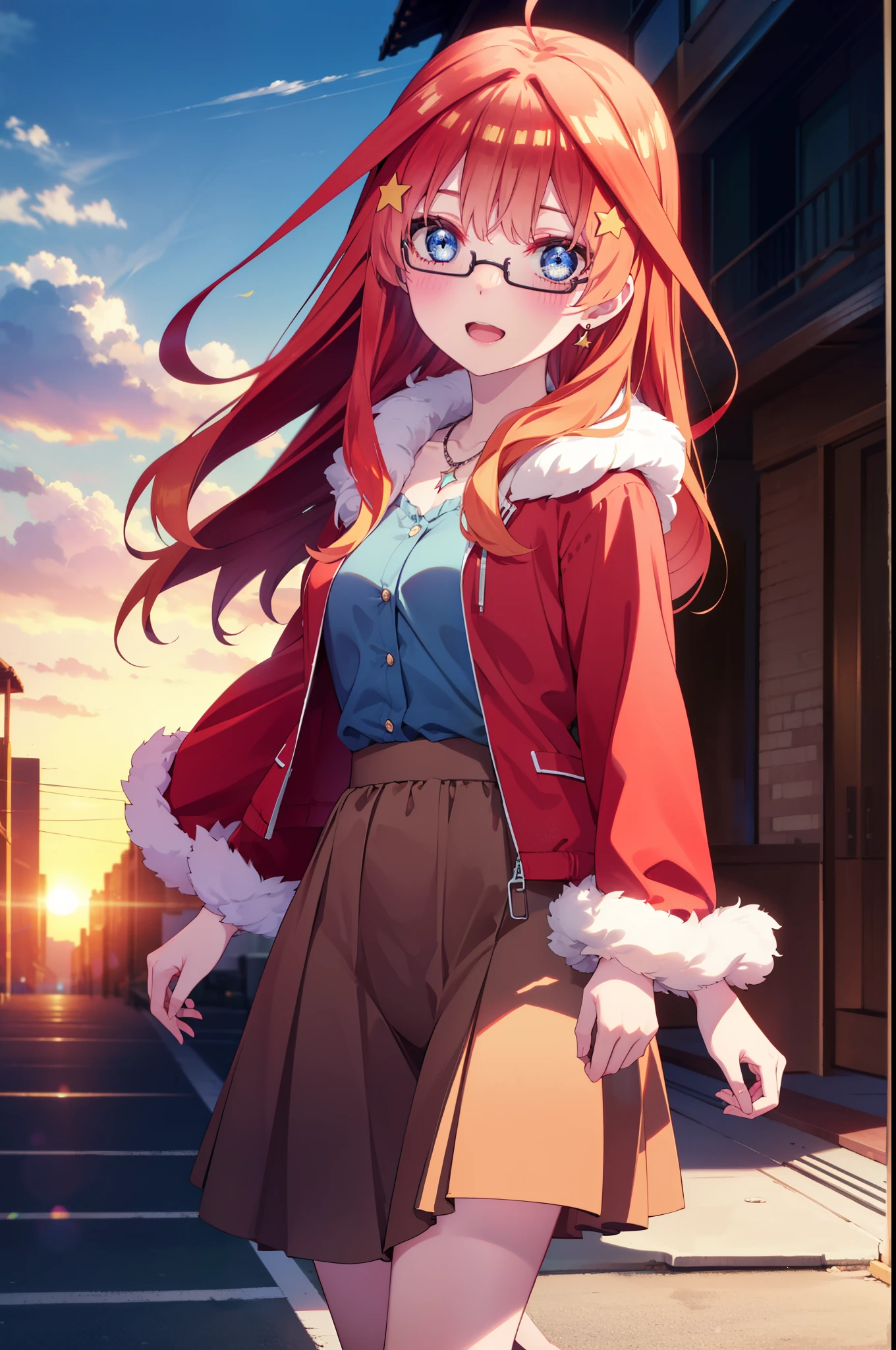 itsukinakano, itsuki nakano, bangs, blue eyes, Hair between the eyes, Ahoge, Redhead, star \(symbol\), hair ornaments, star hair ornaments,Akagi Glasses,smile,blush,Fun atmosphere,Open your mouth,Long Hair,Tie your hair back,Red jacket, (Checked fur jacket: 1.2), Long skirt,Heeled Sandals, necklace, Handbags, Earrings,Walking,morning,morning陽,The sun is rising,whole bodyがイラストに入るように,
break outdoors, Building district,                                            break looking at viewer,whole body,
break (masterpiece:1.2), Highest quality, High resolution, unity 8k wallpaper, (shape:0.8), (Beautiful and beautiful eyes:1.6), Highly detailed face, Perfect lighting, Extremely detailed CG, (Perfect hands, Perfect Anatomy),