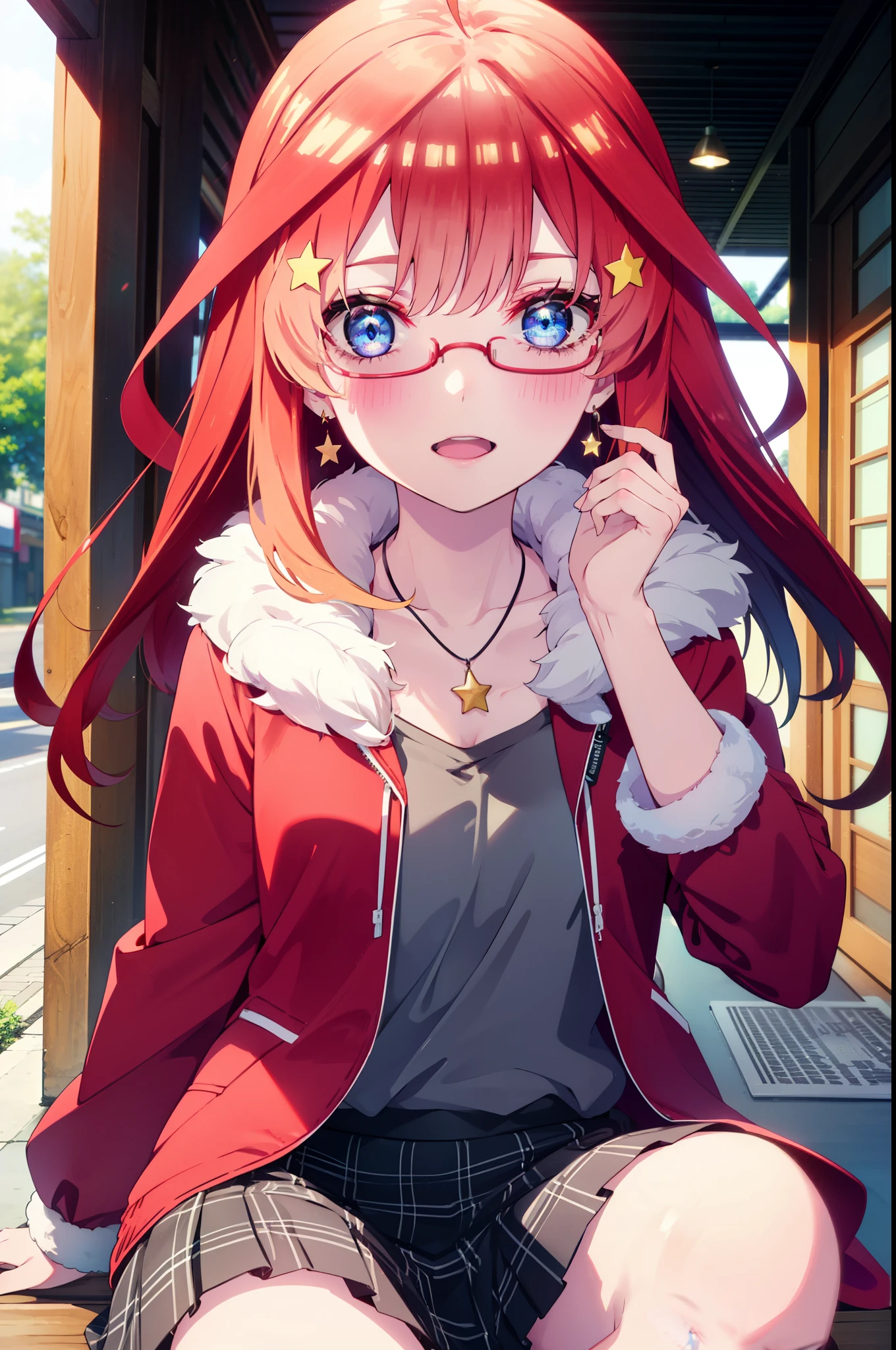 itsukinakano, itsuki nakano, bangs, blue eyes, Hair between the eyes, Ahoge, Redhead, star \(symbol\), hair ornaments, star hair ornaments,Akagi Glasses,smile,blush,Fun atmosphere,Open your mouth,Long Hair,Tie your hair back,Red jacket, (Checked fur jacket: 1.2), Long skirt,Heeled Sandals, necklace, Handbags, Earrings,Walking,morning,morning陽,The sun is rising,whole bodyがイラストに入るように,
break outdoors, Building district, break looking at viewer,whole body,
break (masterpiece:1.2), Highest quality, High resolution, unity 8k wallpaper, (shape:0.8), (Beautiful and beautiful eyes:1.6), Highly detailed face, Perfect lighting, Extremely detailed CG, (Perfect hands, Perfect Anatomy),