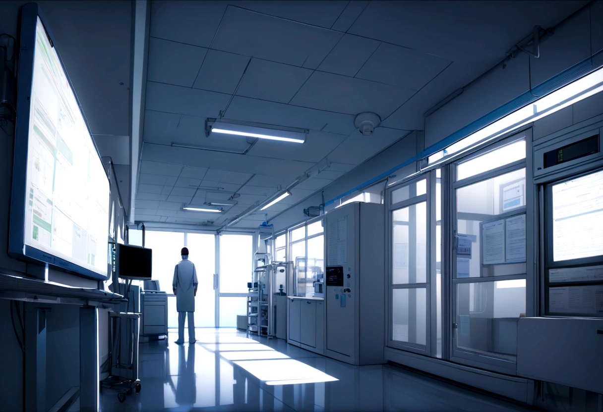White wall, hospital, A large monitor panel hanging on the wall of a bright, white science laboratory