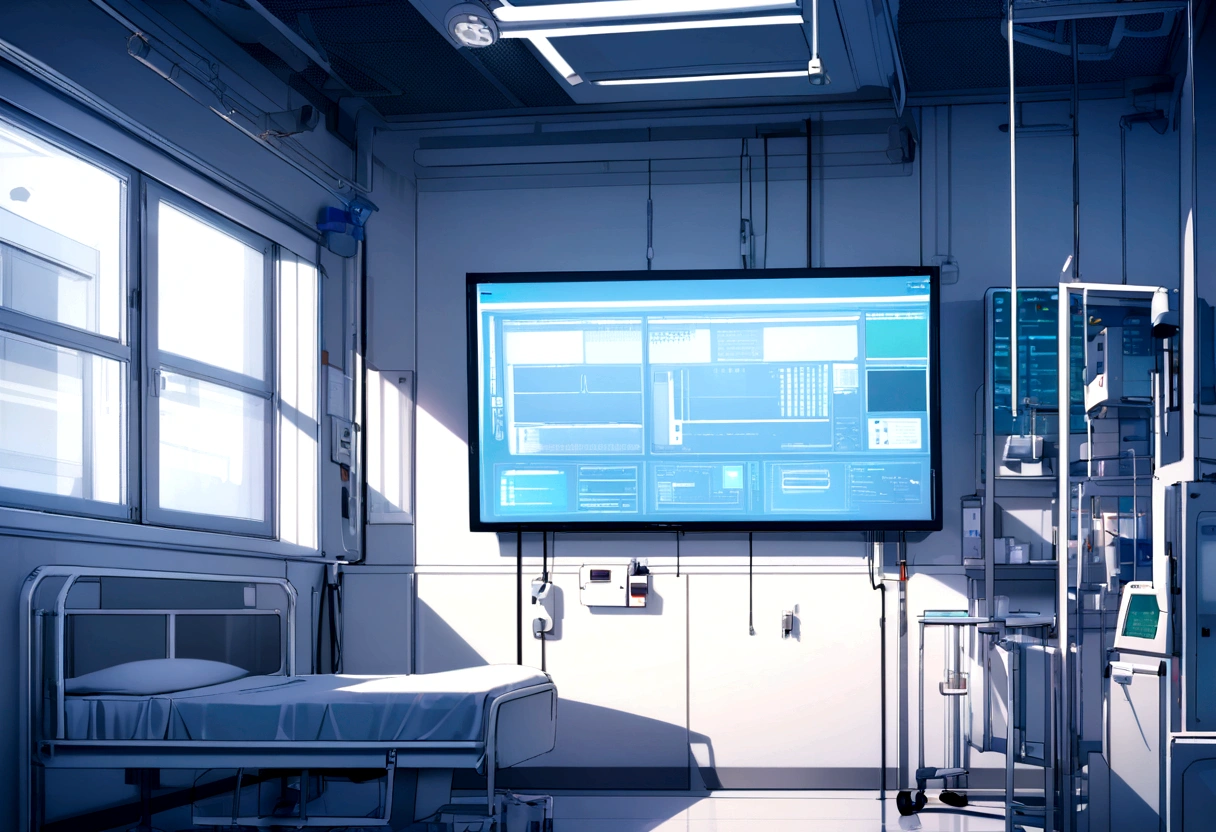 White wall, hospital, A large monitor panel hanging on the wall of a bright, white science laboratory