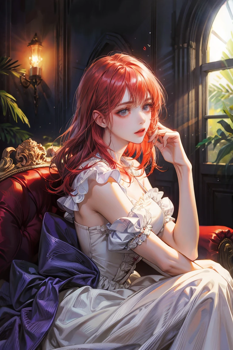 red hair woman, fringe on the sides, looking at the viewer, violet eyes, white dress with ruffles, Princess