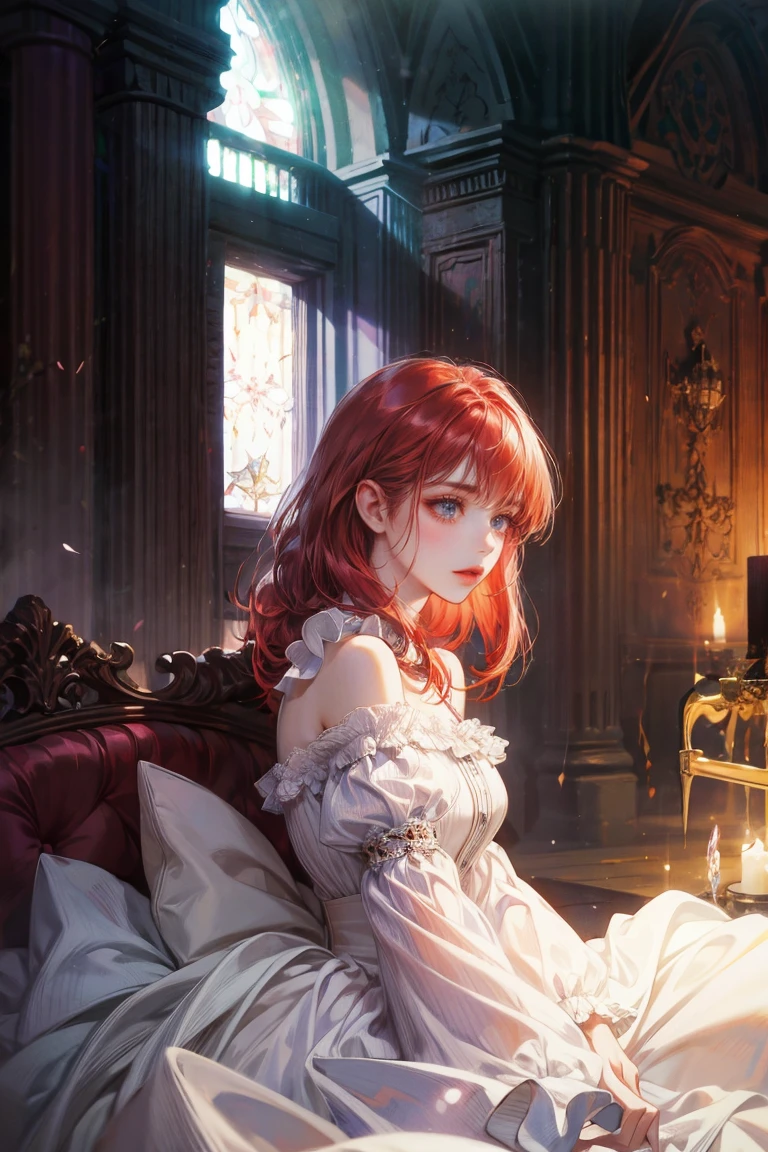 red hair woman, fringe on the sides, looking at the viewer, violet eyes, white dress with ruffles, Princess