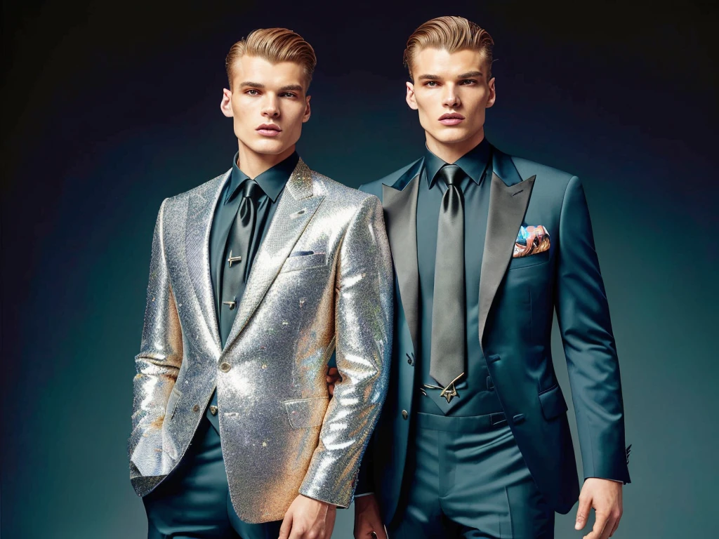 two men in suits and ties standing next to each other, suit made of stars, luxurious suit, wearing a suits, greg rutkowski and jakub rebelka, suits, holographic suit, wearing suits!, dressed in expensive clothes, tailored clothing, by Elena Guro, gold suit, dmitry prozorov style, masculine appeal high fashion, formal wear