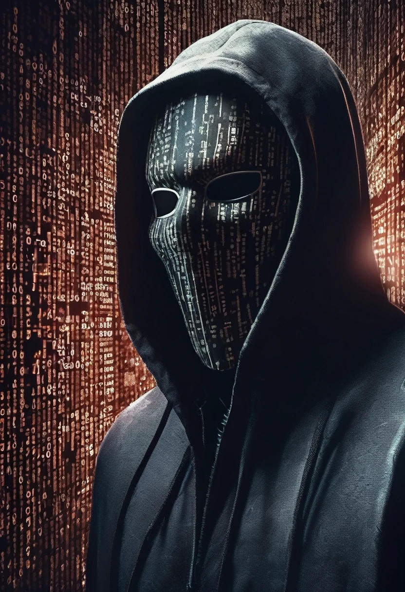 Masterpiece quality wallpaper, Hacker, wearing vendetta mask, binary numbers in background, highly detailed and stylized, 8K UHD, 
