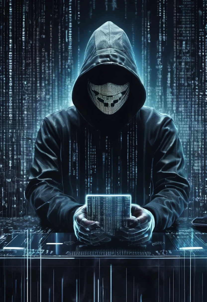 Masterpiece quality wallpaper, Hacker, wearing vendetta mask, binary numbers in background, highly detailed and stylized, 8K UHD,
