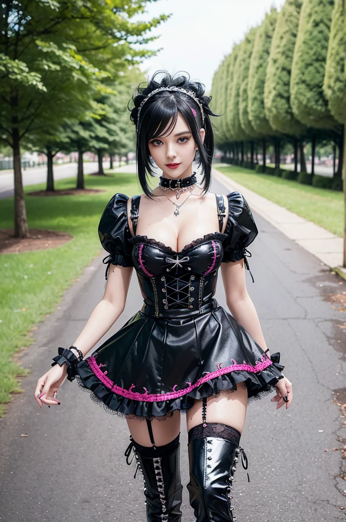 sexy stylish female model, only 1 female, ((doll-like appearance)), long dramatic stylish hair, ((shiny Punk-Style boots)), (big smile), ultra detailed eyes, lipgloss, ((sexy Punk Lolita cosplay)), unconventional skirt, petticoats, high neckline, ((ultra detailed lace)), ((ultra detailed embroidery)), intricate details, tartan patterns, safety pins, Punk Lolita accessoires, Punk Lolita choker, ((large sparkling Punk Lolita jewelry)), cinematic light, detailed large park background with trees
