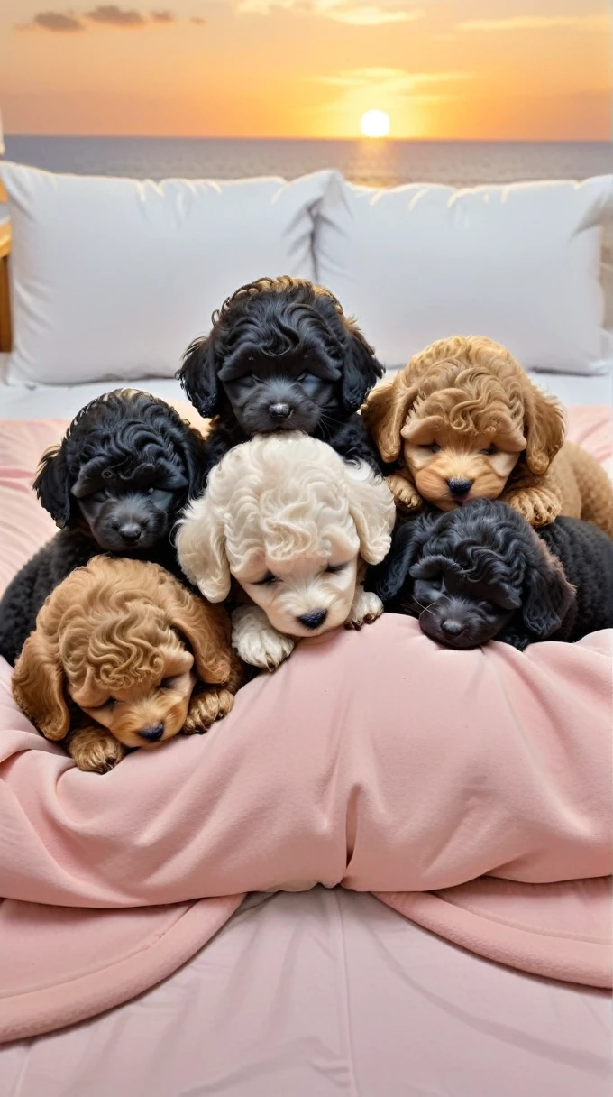With the sunset in the background,(masterpiece:1.2, high quality), Five toy poodle puppies sleeping snuggled up together in bed、