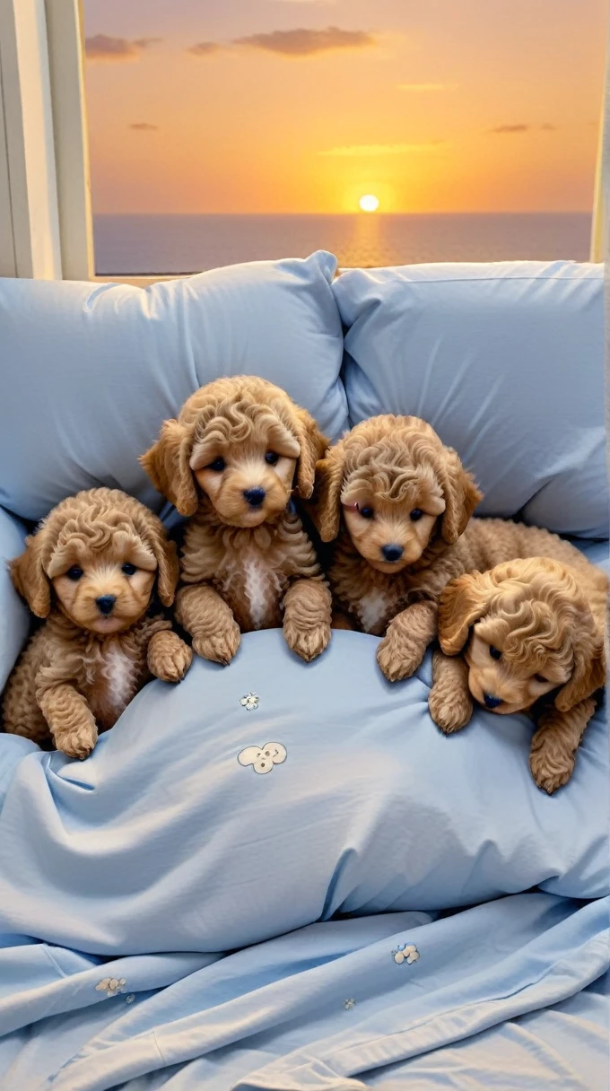 With the sunset in the background,(masterpiece:1.2, high quality), Five toy poodle puppies sleeping snuggled up together in bed、