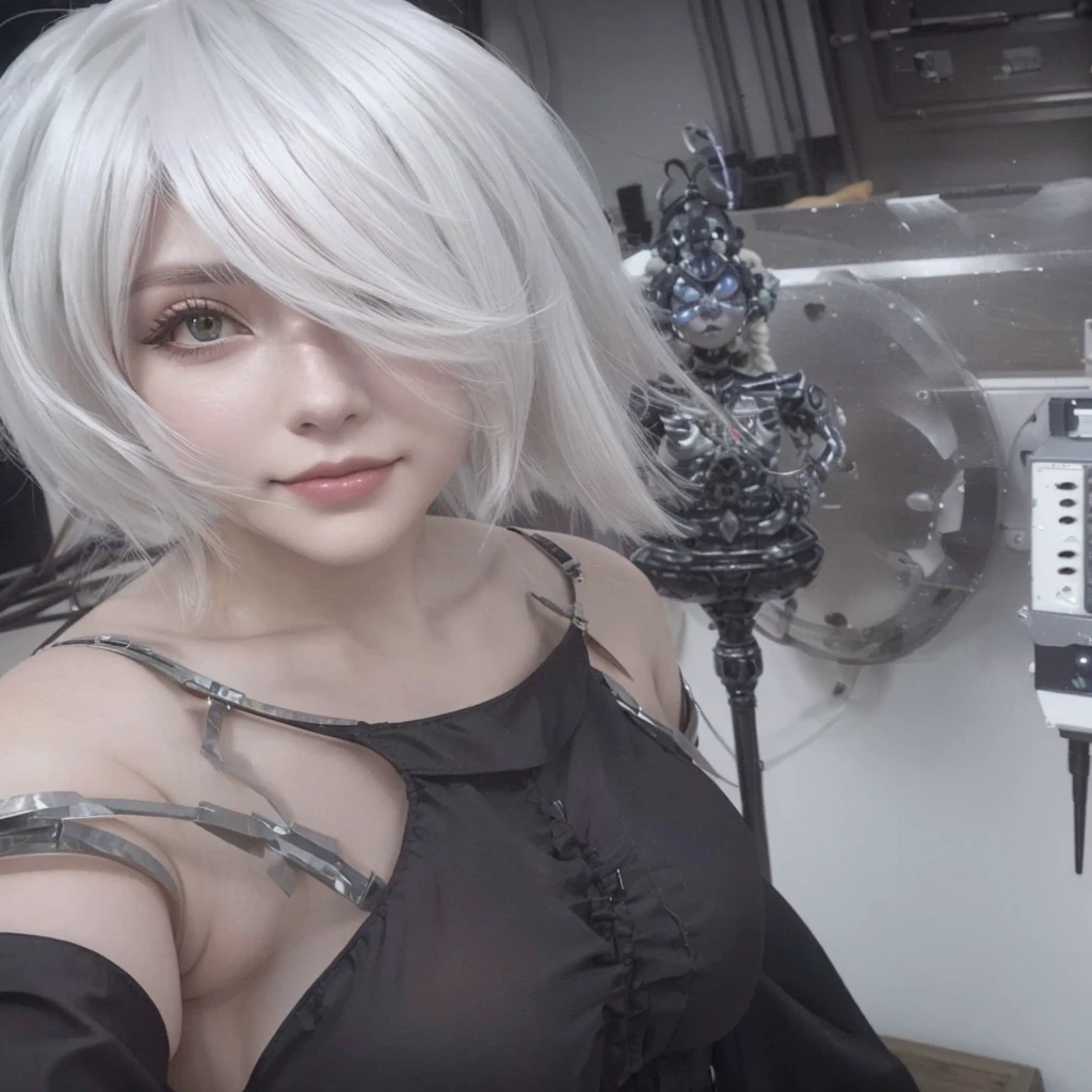 There is a woman with white hair and a black blouse posing for a photo, mer inspired, 2b from mer automata, 2b from mer automata, mer 2b, mer:inspired automatons, mer : inspired automatons, 2b mer automata, mer, mer autoamata, mer automata, 2b, 2b, cosplay realista