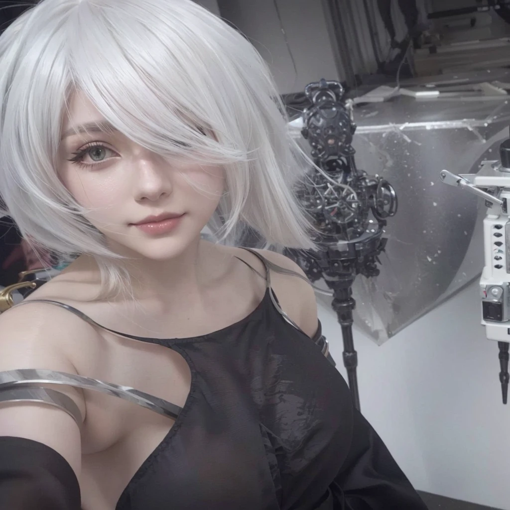 There is a woman with white hair and a black blouse posing for a photo, mer inspired, 2b from mer automata, 2b from mer automata, mer 2b, mer:inspired automatons, mer : inspired automatons, 2b mer automata, mer, mer autoamata, mer automata, 2b, 2b, cosplay realista
