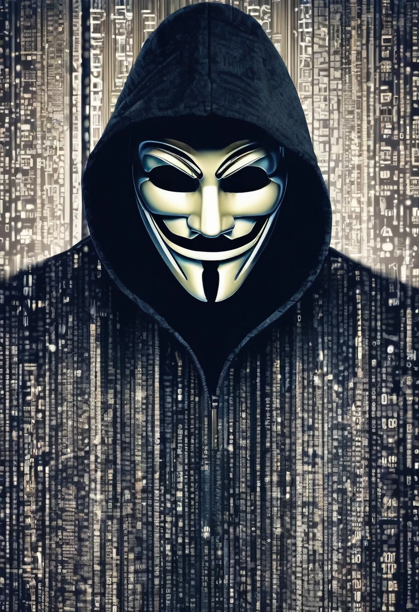 Masterpiece quality wallpaper, Hacker, wearing vendetta mask, binary numbers in background, highly detailed and stylized, 8K UHD,