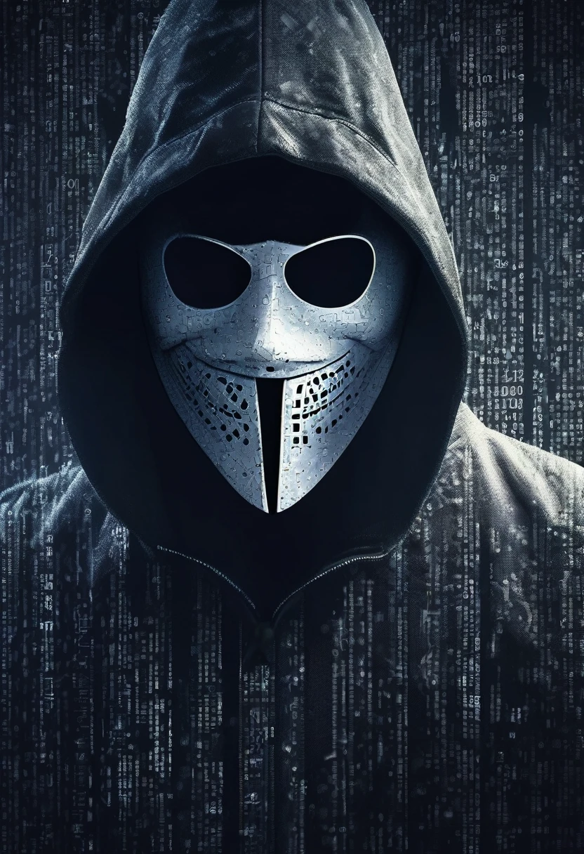 Masterpiece quality wallpaper, Hacker, wearing vendetta mask, binary numbers in background, highly detailed and stylized, 8K UHD,
