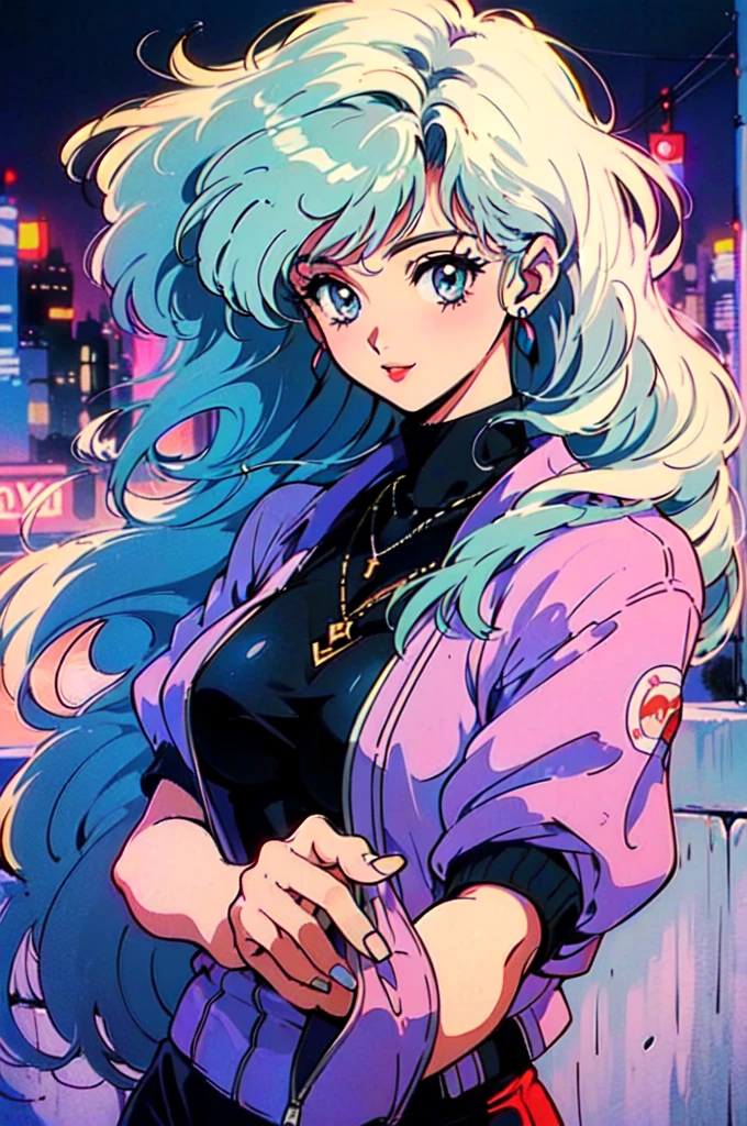 (80's, retro, city pop:1.5), (album cover), (masterpiece, best quality), (anime, illustration), (pastel colors:1.4),
best photo pose, dynamic angle,
girl, solo, smile, perfect detail eyes, delicate face,
City Scenes, night city, tokyo, high fashion,