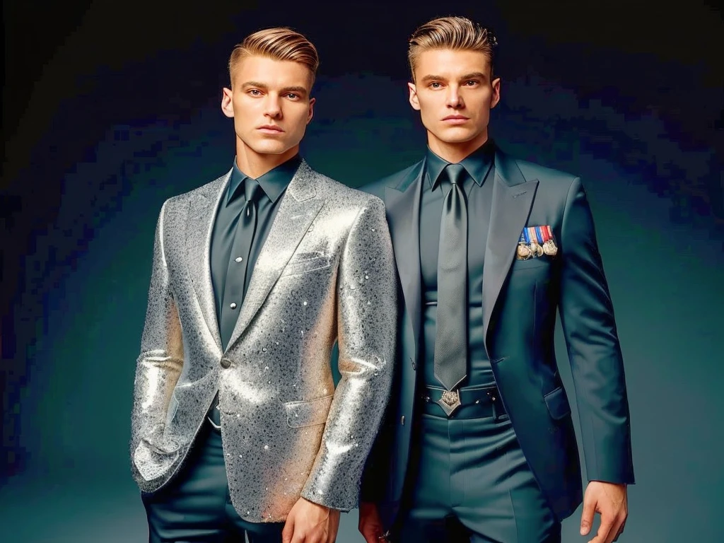 two men in suits and ties standing next to each other, suit made of stars, luxurious suit, wearing a suits, greg rutkowski and jakub rebelka, suits, holographic suit, wearing suits!, dressed in expensive clothes, tailored clothing, by Elena Guro, gold suit, dmitry prozorov style, masculine appeal high fashion, formal wear