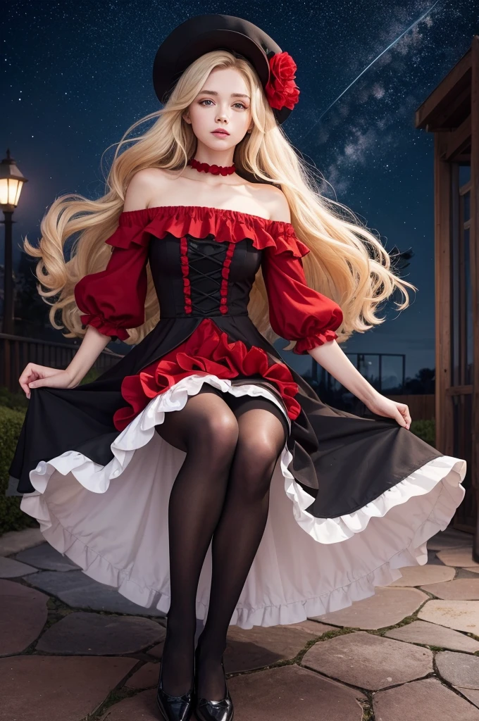 Elise Neville, a young and attractive 16 year old teenager, measuring 1,70m tall and 67kg. The character has medium golden hair/short ones that reach the shoulders and red eyes. She is dressed in a mid-length dress/long in white, red and black, combined with long black socks and ballet flats that match the color of the socks and an elegant red hat with ruffles on the red edge and ribbon shape. flower not center, add a starry night sky scenery and no information.