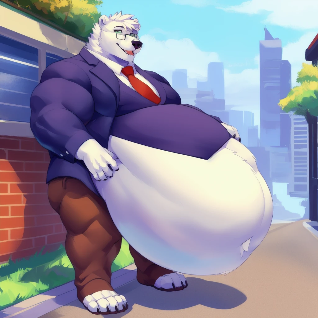 By mystikfox61, by glitter trap boy, by juiceps, by darkgem, solo, male, polar bear, white fur, green eyes, detailed eyes, detailed hands, muscular inflating body belly inflatión belly bloated , overweight, musclegut, big biceps, smiling, glasses, wearing a full suit and tie, standing, street, outside, wonderful day out