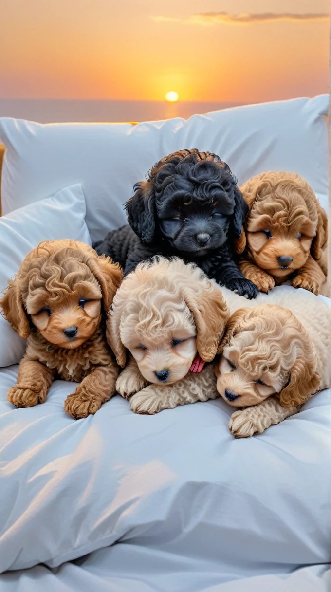 With the sunset in the background,(masterpiece:1.2, high quality), Five toy poodle puppies sleeping snuggled up together in bed、