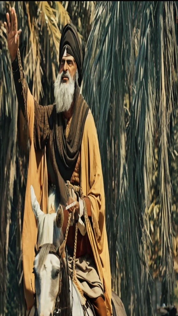 A medieval Arab man riding a horse addresses people and waves his hand