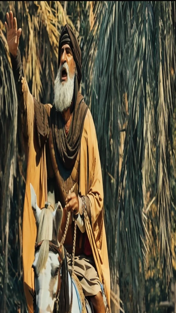 A medieval Arab man riding a horse addresses people and waves his hand