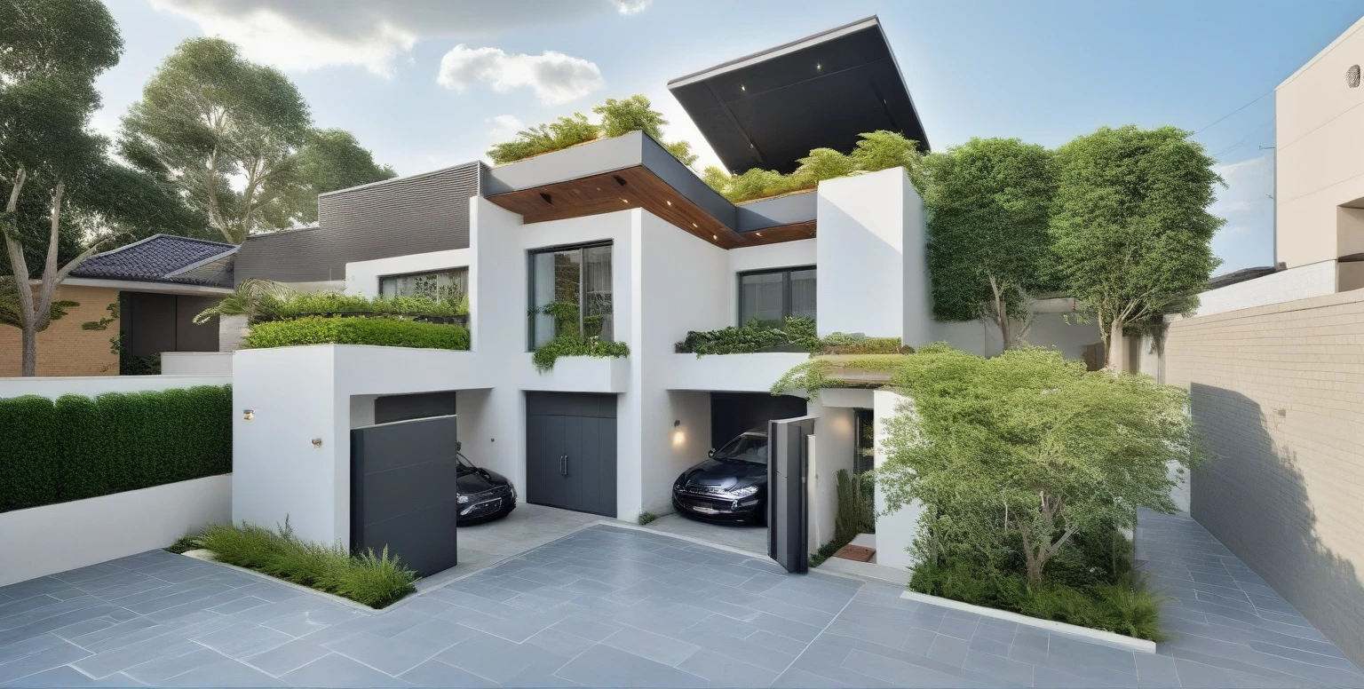 Architectural style Architectural style,     ((Modern Style House)),(masterpiece) , ((best quality)), dramatic lighting, high quality outdoors, sky, day, cloud, tree, blue sky, building, scenery, road, real world location,  sunlight, enough detail, high resolution,super realistic, Photorealistic, highly detailed, balcony, plants, door, car,  paving, , architectural drawing, highly detailed  , . Clean lines, geometric shapes, minimalist, modern, architectural drawing, highly detailed