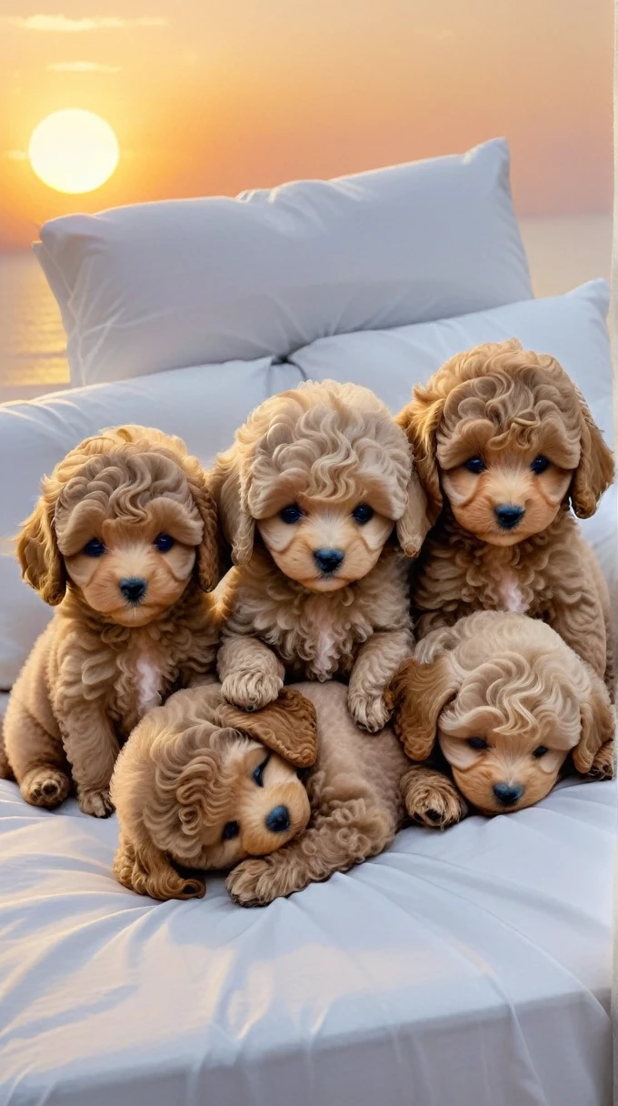 With the sunset in the background,(masterpiece:1.2, high quality), Five toy poodle puppies sleeping snuggled up together in bed、