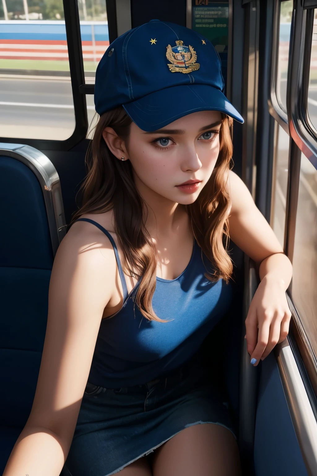 Australian actress girl, (22 years old), in the bus, evening, slender, cap, ravishing expression, (from above view), (masterpiece, best quality, highly detailed, hyper realistic)