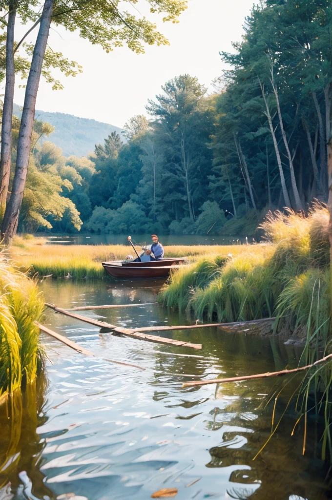 an old hut made of reeds stands on the shore of a lake, on the outskirts of the forest, a boat with a brown bear is moored at the lake, he is eating a large piece of honeycomb with honey; photorealistic landscape, wildlife, hyperrealistic textures, flow and movement, -- sref, raw style, view from the reeds from a height of 1.5 m, 4:3, 3d render
