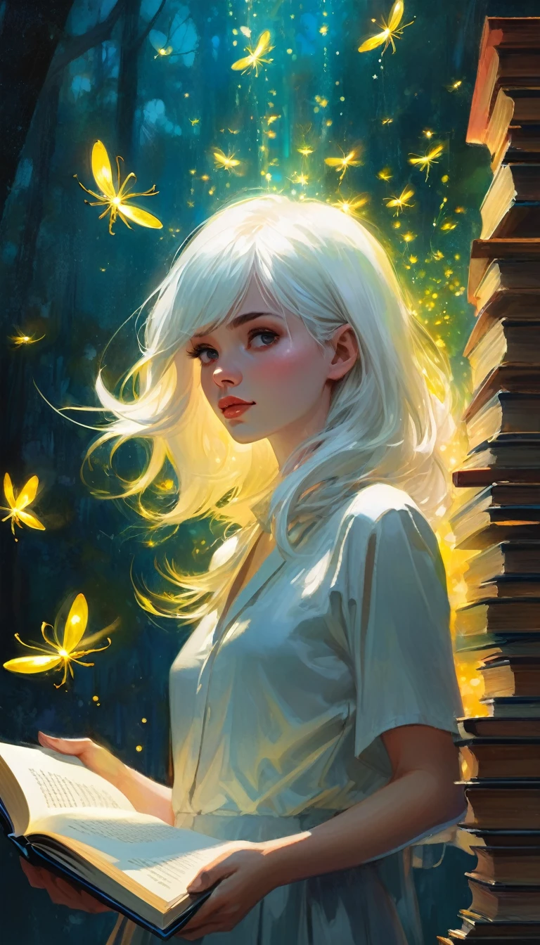 (((Best quality))), (((Ultra detailed))), ((((vivid)))), large library, books, ((particles, fireflies come out of an open book)), nostalgia, fantasy, 1 girl, white hair, sexy (art inspired by Bill Sienkiewicz). oil painting)