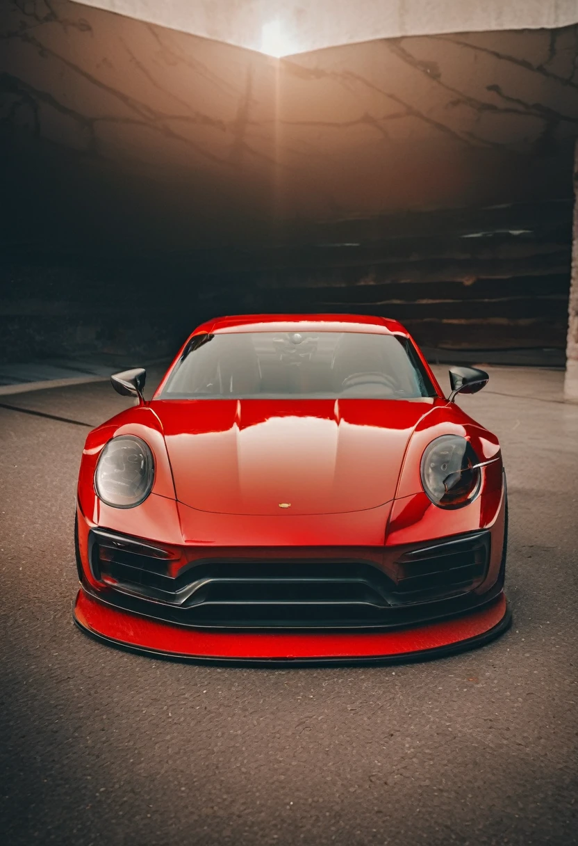 Red sports car, photo taken directly from the front of car, phone wallpaper, masterpiece quality, cinematic photography