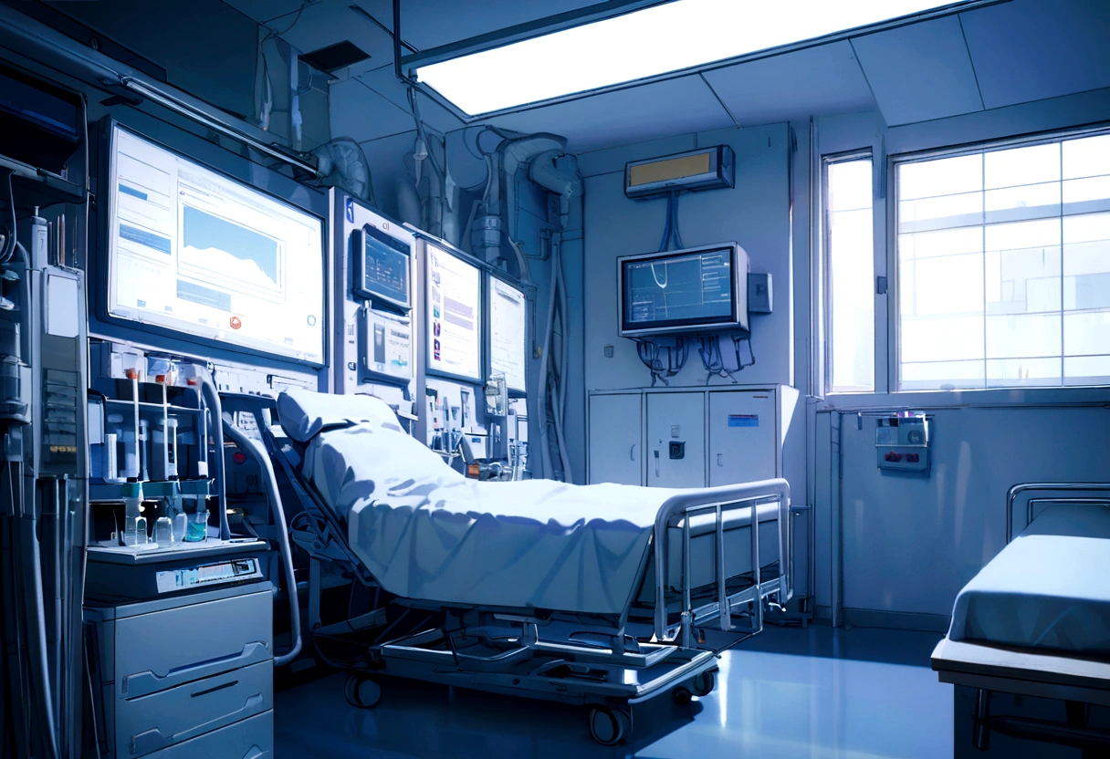 White wall, hospital, Chamber of Secrets、A large monitor panel hanging on the wall of a bright, white science laboratory
