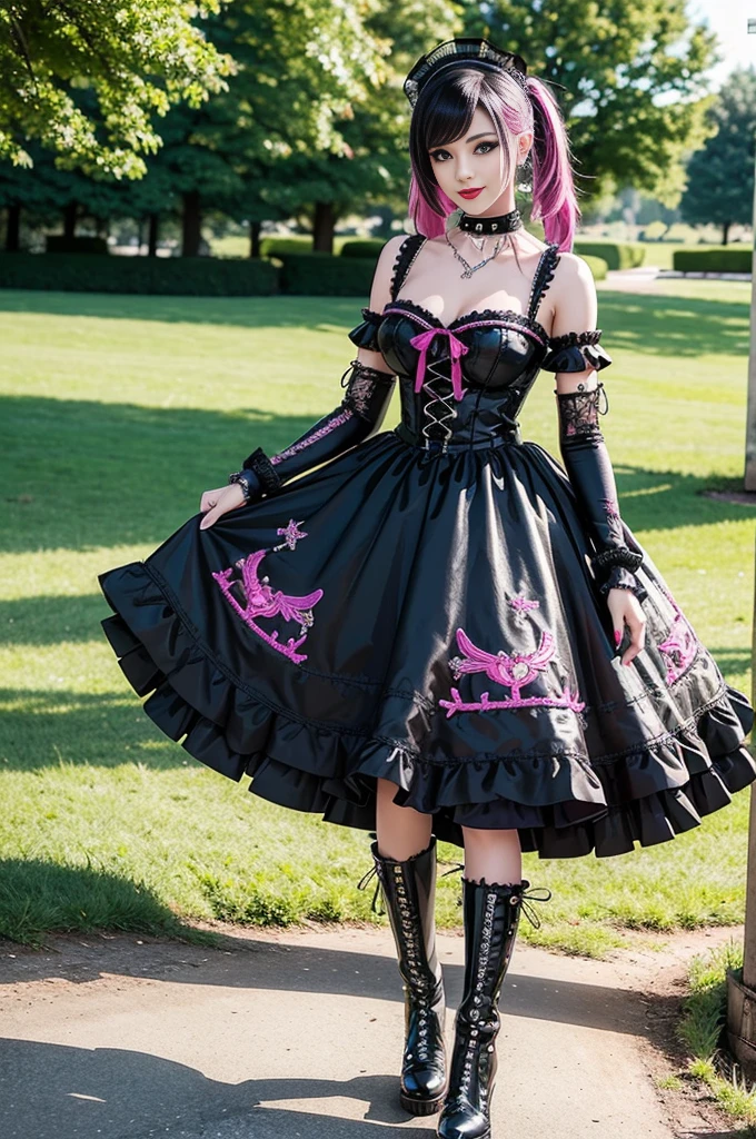sexy stylish female model, only 1 female, ((doll-like appearance)), long dramatic stylish hair, ((shiny Punk-Style boots)), (happy smile), ultra detailed eyes, lipgloss, ((sexy Punk Lolita cosplay)), unconventional skirt, petticoats, high neckline, ((ultra detailed lace)), ((ultra detailed embroidery)), intricate details, tartan patterns, safety pins, Punk Lolita accessoires, Punk Lolita choker, ((large sparkling Punk Lolita jewelry)), cinematic light, detailed large park background with trees