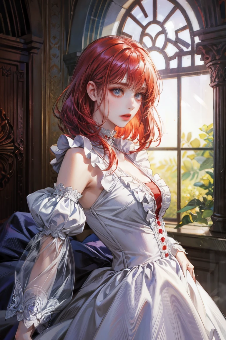 red hair woman, fringe on the sides, looking at the viewer, violet eyes, white dress with ruffles, Princess