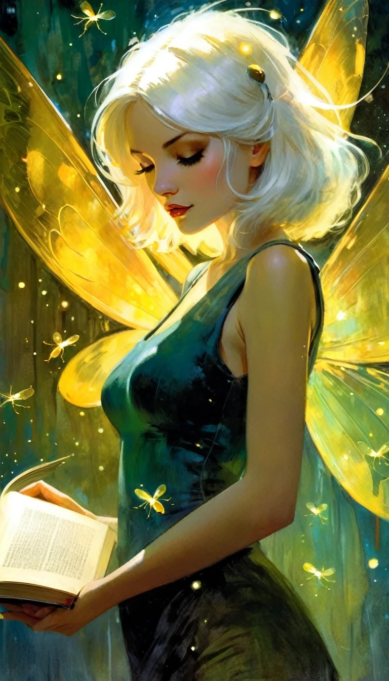 (((Best quality))), (((Ultra detailed))), ((((vivid)))), large library, books, ((particles, fireflies come out of an open book)), nostalgia, fantasy, 1 girl, white hair, sexy (art inspired by Bill Sienkiewicz). oil painting)