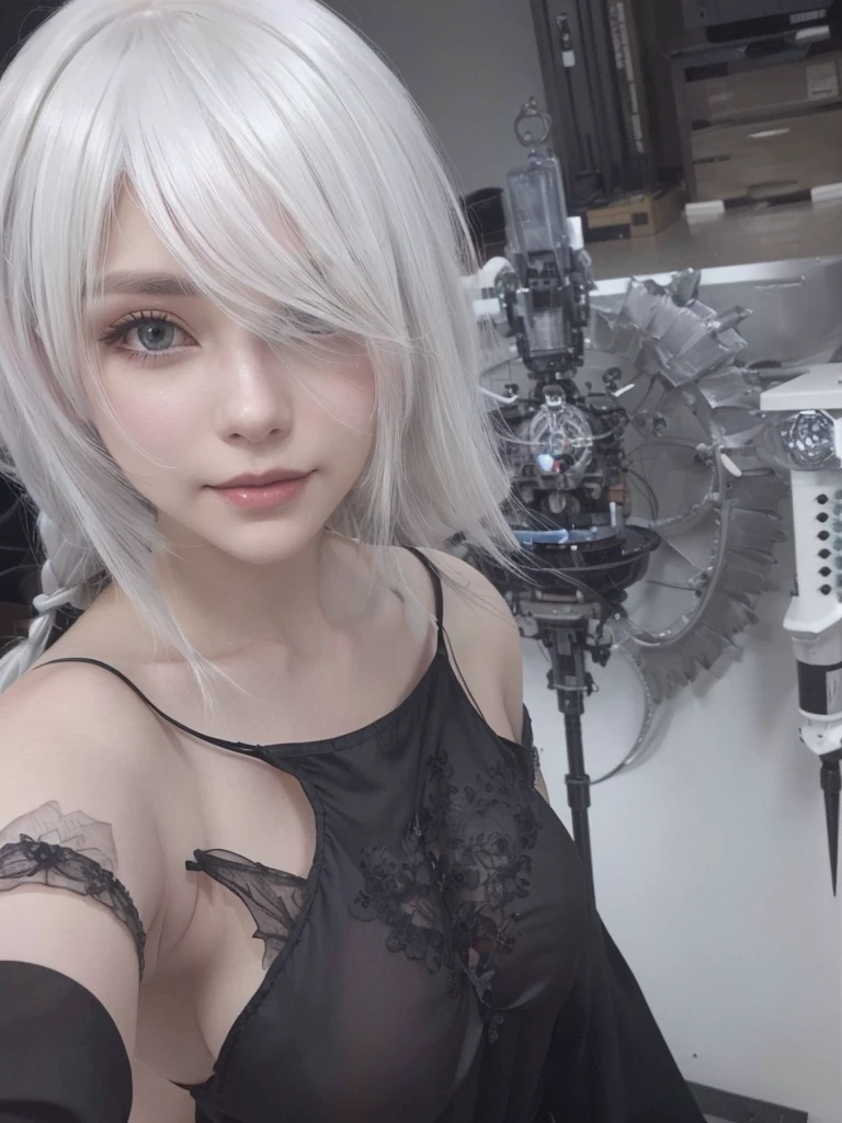 There is a woman with white hair and a black blouse posing for a photo, mer inspired, 2b from mer automata, 2b from mer automata, mer 2b, mer:inspired automatons, mer : inspired automatons, 2b mer automata, mer, mer autoamata, mer automata, 2b, 2b, cosplay realista