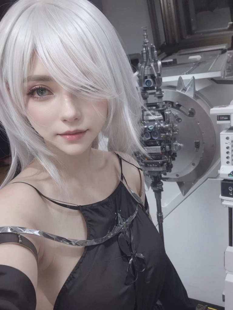 There is a woman with white hair and a black blouse posing for a photo, mer inspired, 2b from mer automata, 2b from mer automata, mer 2b, mer:inspired automatons, mer : inspired automatons, 2b mer automata, mer, mer autoamata, mer automata, 2b, 2b, cosplay realista