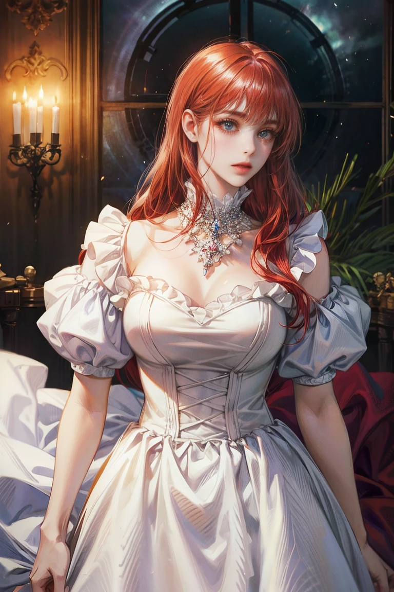 red hair woman, fringe on the sides, looking at the viewer, violet eyes, white dress with ruffles, Princess