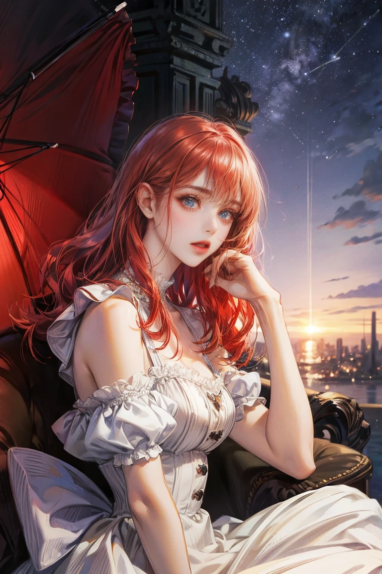 red hair woman, fringe on the sides, looking at the viewer, violet eyes, white dress with ruffles, Princess