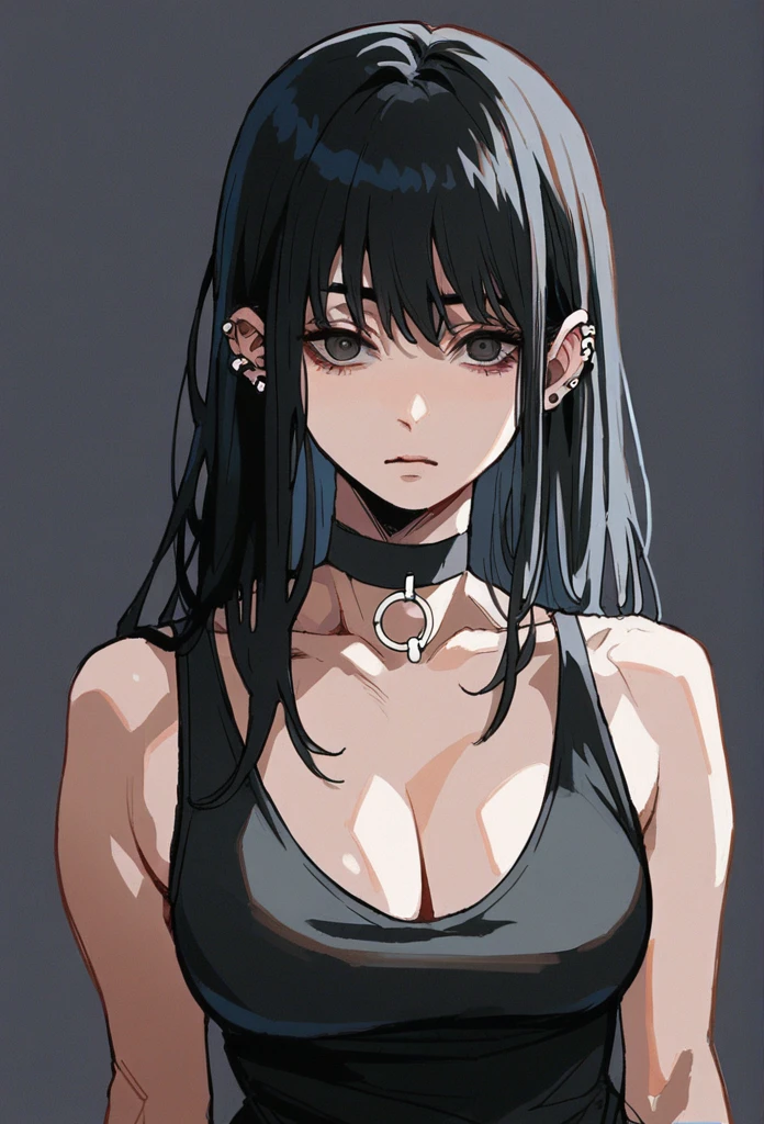 Long hair, dark eyes, large bust , piercings, Sharp eyes, bangs, black hair, woman, Black clothes. No bangs. Cleavage , mafuro face