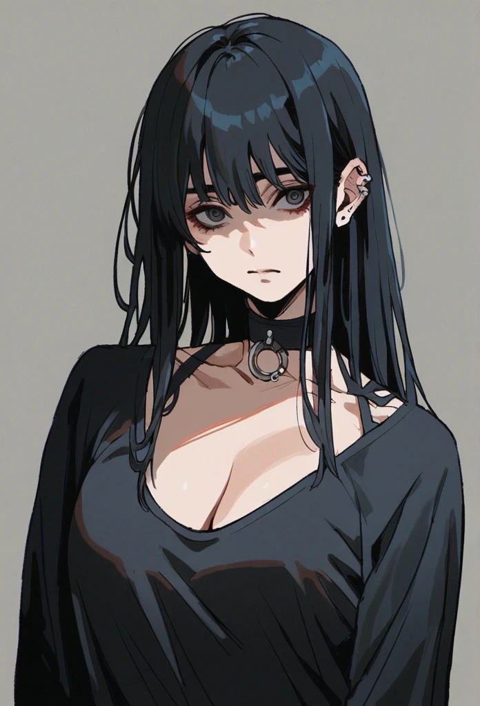 Long hair, dark eyes, large bust , piercings, Sharp eyes, bangs, black hair, woman, Black clothes. No bangs. Cleavage , mafuro face