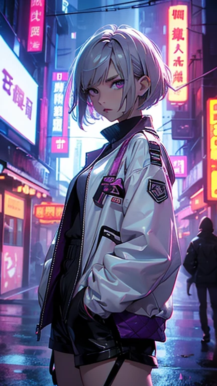 (ultrarealistic, high resolution, Best Quality, 4k, professional, cowboy shot), an image of a full character in a neon lit area, beauty eyes, sharp eyes. Your Asymmetrical Pixie Hairstyle, silver hair, short hair, And the left-facing bangs with red highlights make her stand out... in the fluorescent white jacket, fluorescent white short shirt, black shorts, Chinapunk, cryptic academy, album covers, urban landscape, dark purple and white, Right now