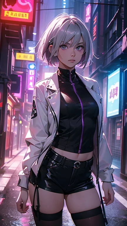 (ultrarealistic, high resolution, Best Quality, 4k, professional, cowboy shot), an image of a full character in a neon lit area, beauty eyes, sharp eyes. Your Asymmetrical Pixie Hairstyle, silver hair, short hair, And the left-facing bangs with red highlights make her stand out... in the fluorescent white jacket, fluorescent white short shirt, black shorts, Chinapunk, cryptic academy, album covers, urban landscape, dark purple and white, Right now