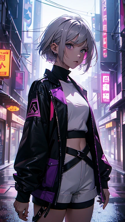 (ultrarealistic, high resolution, Best Quality, 4k, professional, cowboy shot), an image of a full character in a neon lit area, beauty eyes, sharp eyes. Your Asymmetrical Pixie Hairstyle, silver hair, short hair, And the left-facing bangs with red highlights make her stand out... in the fluorescent white jacket, fluorescent white short shirt, black shorts, Chinapunk, cryptic academy, album covers, urban landscape, dark purple and white, Right now