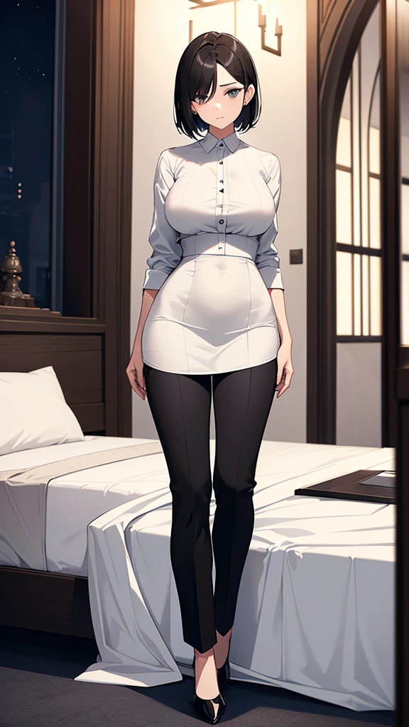 A young woman with shoulder length short black hair, grey eyes, medium sized breasts, medium sized hips. She is wearing a white dress shirt and black pants. She is looking at the viewer, and her easy expression is sensual. Full body. The setting is a luxurious place at night . Masterpiece, high quality.