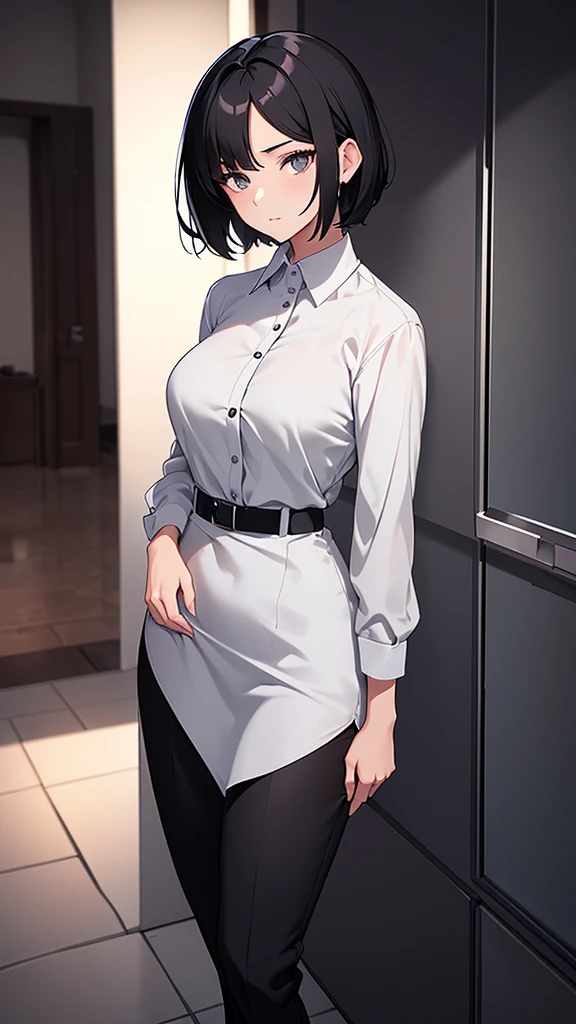 A young woman with shoulder length short black hair, grey eyes, medium sized breasts, medium sized hips. She is wearing a white dress shirt and black pants. She is looking at the viewer, and her easy expression is sensual. Full body. The setting is a luxurious place at night . Masterpiece, high quality.