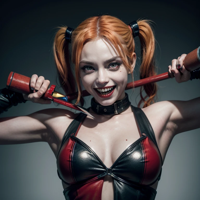Harley quinn, sharp teeth, red eyes, long red horns, evil smile, holding a hammer